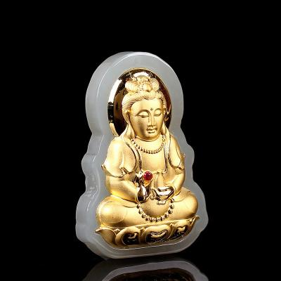 China Religious Gold Inlaid Jade Guanyin Pendant Jewelry Hetian Wholesale for sale