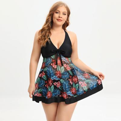 China Plus size 2023 new women plus size swimwear printed v neck two piece swimsuit swimwear swimdress for woman for sale