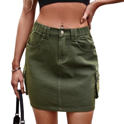 China 2023 hot sale women street style breathable vintage washed elastic waistband side pockets with button denim skirt for sale