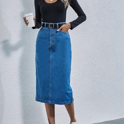 China 2023 HOT SALES Anti-Static Long Slit With Snap Buttons Washed Denim Maxi Skirt for sale