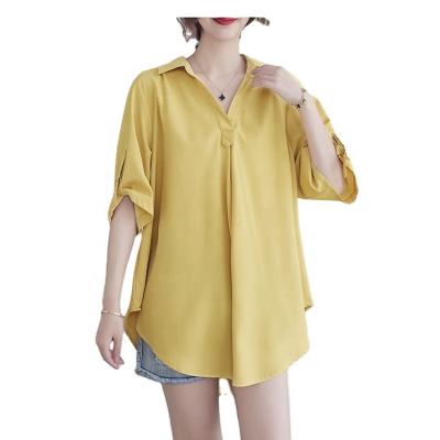 China Anti-pilling Women's Summer V-Neckline Solid Color Loose Chiffon Blouse Plus Size Short Sleeve Shirt for sale