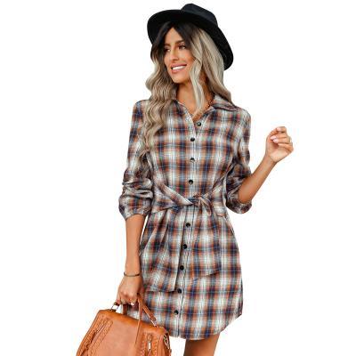 China 2023 Women's TARTAN Long-Breath Sleeve Waist Bow Midi Dress Anti-Static for sale