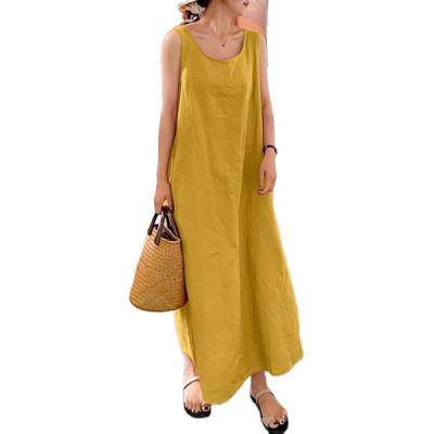 China New long style sling cotton summer dress cotton round neck simple loose pocket style anti-static wholesale canvas dress for sale