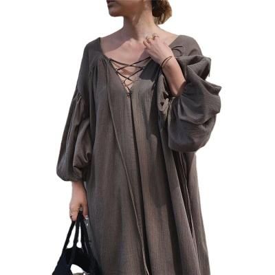 China OEM Ladies 100% Anti-Static Loose Dress Custom Made High Quality Canvas Beach Loose Layered V Neckline A Line Long Casual Dress Ladies Vestido for sale