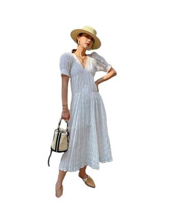 China 2023 Casual Maxi Dress Summer New White Color Cotton Anti-Static Slimming Sheathed V-Neck Short Thin Dresses Long 50 - 99 Pieces $32 for sale