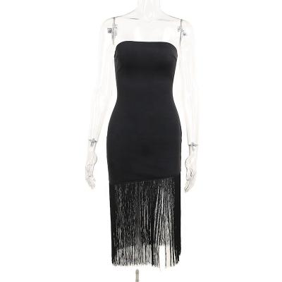 China 2023 Summer Anti-Static Women New Arrival Tassel Club Dress Elegant Fringed Backless Side Bodycon Dress Sexy Strapless Long Tube Top Dress for sale