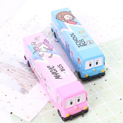 China Topsthink Durable Wholesale Kids Running Study Supplies Creative Double Layer Bus Metal Pencil Case for sale