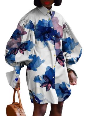 China 2021 new anti-static large size lantern sleeves ink printing vintage temperament commuter women's loose blouse dress for sale