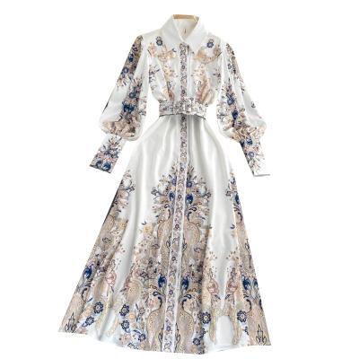 China Korean retro women's casual outfits printed anti-static women's shirt long dress autumn long-sleeved straight a-line dress for sale