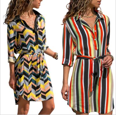 China 2021 Women's Popular Autumn Striped Print Single Breasted Sleeve Bodycon Dress Breathable Hot Sale Office Long Dress for sale