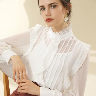 China Anti-pilling Fashionable Ladies Full V-Neckline White Long Sheath Madame Shirt Chiffon Blouse Elegant Women's Blouses for sale