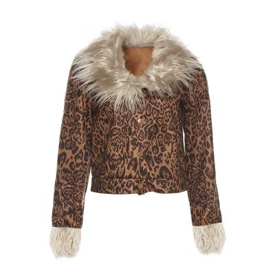 China Anti-Wrinkle Women's Designer Autumn WInterLong Sleeve Button Down Fur Collar Leopard Print Casual Jacket Furry Tops Shacket for sale