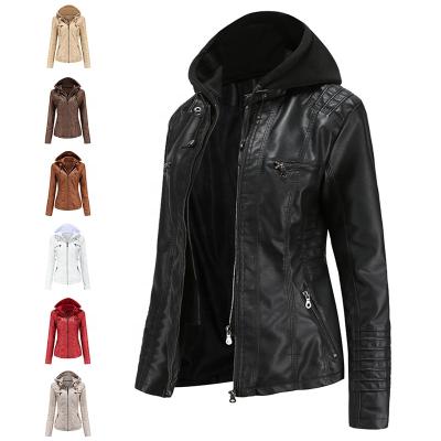 China Hot Sale Factory Price Waterproof Women Stand Up Collar Detachable Hooded Zipper Up Pu Leather Jacket Rider Bike Jacket for sale