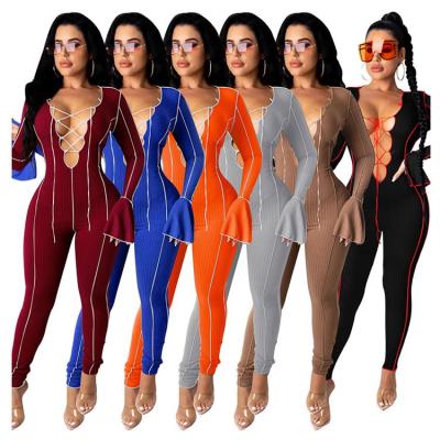 China Anti-Wrinkle Winter Clothing 2021 Dot Bandage Long Sleeve Bodycon Women Overalls One Piece Rompers for sale