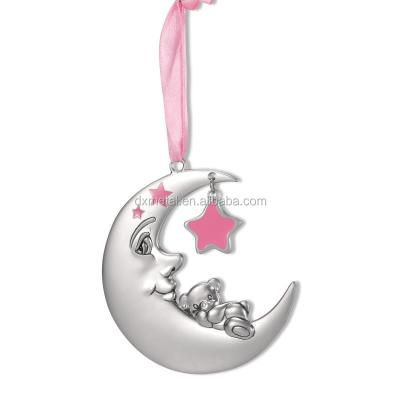 China Cute Enamel Christmas Ornament For Decoration Baby Shiny Silver Moon With Pink Ribbon Christmas Hanging Ornament for sale