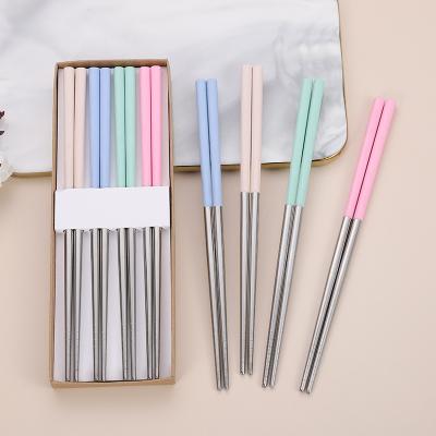 China 4 Pair Disposable 304 Stainless Steel Metal Wheat Straw Colorful Chopsticks Set Eco Reusable Chinese Chopsticks for sale