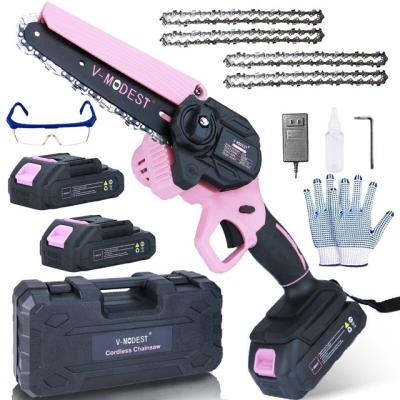 China Wood Saw Pink 21V Chainsaw With Left Battery 2*2000mAh 6 Inch Power Mini Cordless Chainsaw for sale