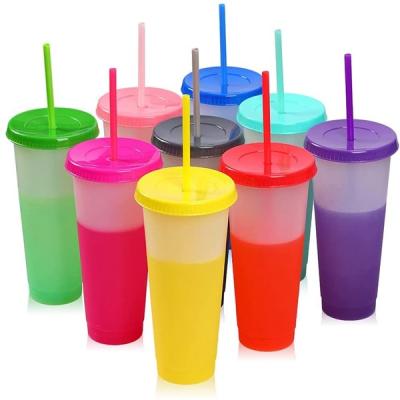 China Viable Custom Design Color Changing Cups With Lids And Straws Cold Coffe Cups Color Changing Reusable Plastic Cup That Changes Color for sale