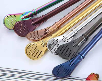 China Reusable Metal Straw Spoons for Drink, Reusable Stainless Steel Tea Filter Stirring Drinking Straws for sale