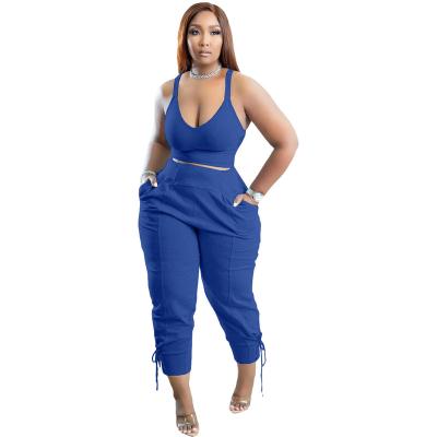 China Anti-Wrinkle LvCong 2022 Sexy Drawstring Bandage Two Piece Pants Set Slim Fit V Neck Sexy Vest Top Women 5xl Plus Size Women Sexy Clothes for sale