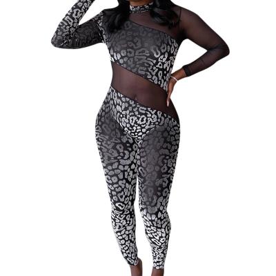 China Best Selling LvCong Street Style Anti-pilling Long Sleeve See Through Zipper One Piece Jumpsuit Flocking Leopard Print Splice Mesh Jumpsuit for sale