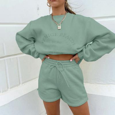 China 2022 Spring Anti-wrinkle LvCong women new fashion sportswear long sleeve hoodie women's suit letter printing casual shorts two-piece set for sale