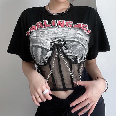 China Summer Punk Top Hip-Hop Crop Top Anti-Wrinkle LvCong Short Sleeve Mesh Metal Chain Tops Letter Print Corset T-shirt Casual Blouse for sale