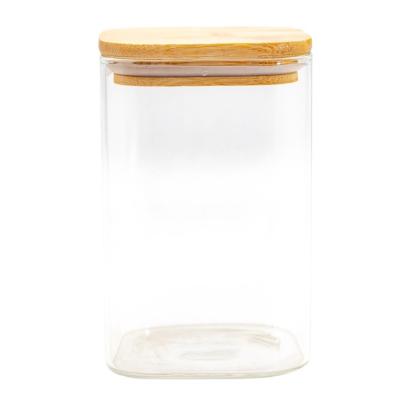 China Freshness Preservation Clear Clear High Borosilicate Glass Kitchen Organizer Empty Storage Jars Wooden Lid for sale