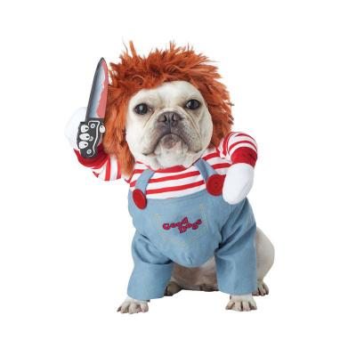 China Viable Dog Costume Funny Amazon Pet Chucky Dog Clothes Holding A Knife Halloween Dog Costume for sale