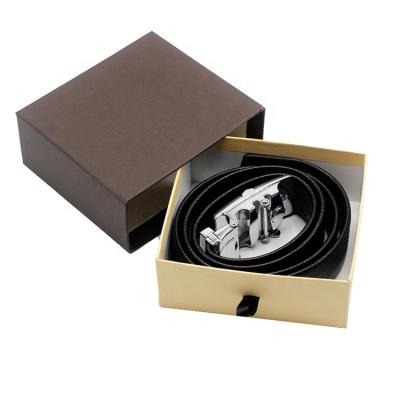 China Luxury Recycled Materials Logo Sliding Drawer Rigid Leather Belt Cardboard Gift Box Custom Packaging for sale