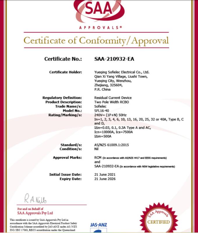 SAA - Yueqing Sofielec Electrical Co.,Ltd.