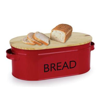 China Sustainable Vintage Powder Coated Bread Bin Fresh Loaves Bread Containers With Lid 10L Bamboo Metal Bread Box for sale