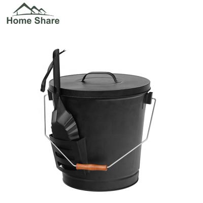 China Black Iron Ash Bucket Fireplace Accessories Metal Ash Bucket Lid Ash Bucket With Shovel for sale