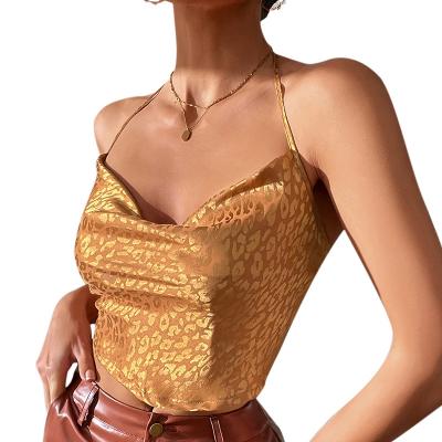 China 2022 Summer Fashion Style Leopard Print Satin Crop Top QUICK DRY Warm Tie-Back Sleeveless Halter Backless Camisole For Women for sale