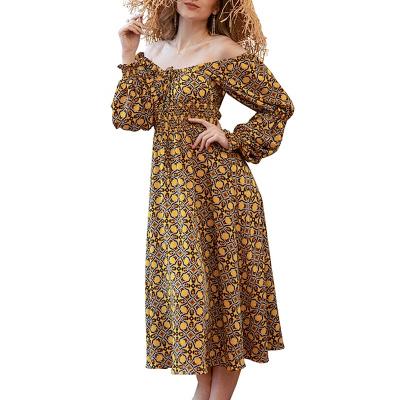 China Anti-wrinkle manufacturers selling new popular design full sleeves off the shoulder printed smocked women maxi dress for sale