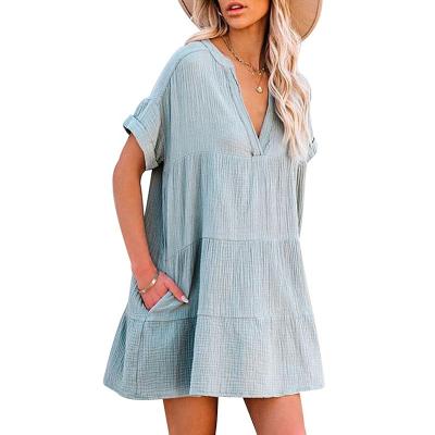 China Anti-wrinkle new 2022 high quality ladies summer v-neck loose casual dress with short sleeves for sale