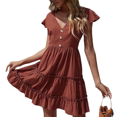 China New Design Anti-wrinkle Pleated Solid Short Sleeve Casual Women's Front Button V-Neck Knee-Length Style Dress for sale