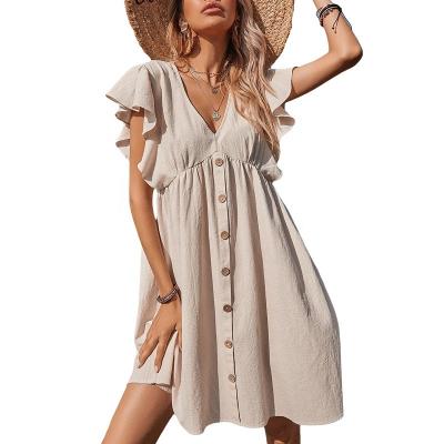 China 2022 Summer Anti-static Color Loose Sheer V-neck Pleating Women's Knee-Length Dress With Short Sleeves for sale