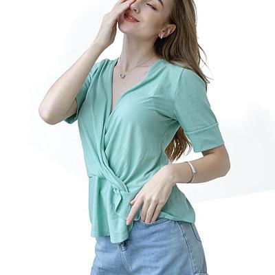 China Manufacturer Direct Selling Casual Women's Short Sleeve Anti-Wrinkle Knit Blouse Solid Color V-Neck Top Slim T-Shirt for sale