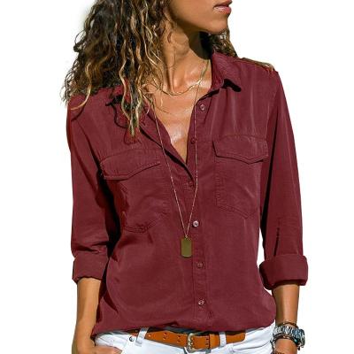 China China Manufacture V-Neck Collar Button Decoration Shirt Fashion Top Placket Two Pocket Women Anti-Shrink Blouse for sale