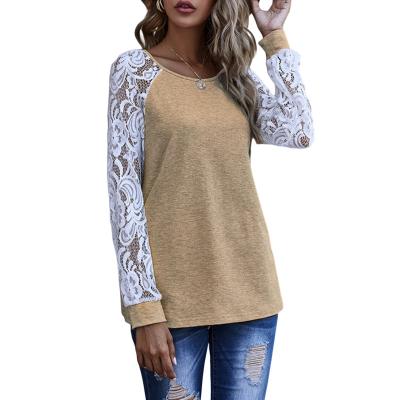 China Hot Selling Anti-pilling Women's Autumn Casual Lace Long Hollow Out Blouse Sleeves And Round Collar Shirt for sale