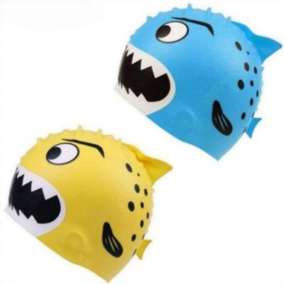 China Lovely Fish Waterproof Durable Kids Cartoon Shark Eco-Friendly Printed Swim Caps Silicone Eco-Friendly Printed Swimming Caps for sale