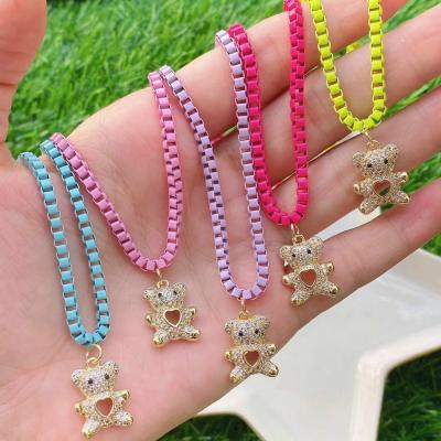 China Beautiful Fashionable Diamond Micro Pave Pastel Gold Bear Enamel Box Chain Pendant Necklace For Girl Bulk Sale Brass Necklace For Summer for sale