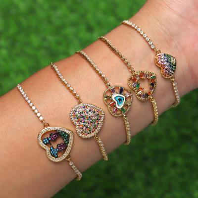 China TRENDY Women Fashion Jewelry Colorful CZ Zircon Heart Charm Bracelet Adjustable Love Heart Eye Chain Bracelets For Girls Party for sale