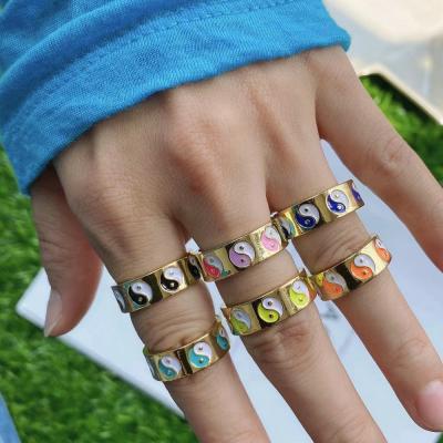 China FASHIONABLE Wholesale Gold Plated Colorful Enamel Rings Yin And Yang Taiji Pattern Rings For Women Girl for sale