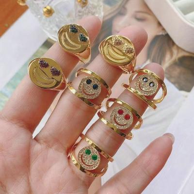 China FASHIONABLE Gold Plated Zircon Fruit Smile Happy Face Ring Simple Zirconia Rings for sale