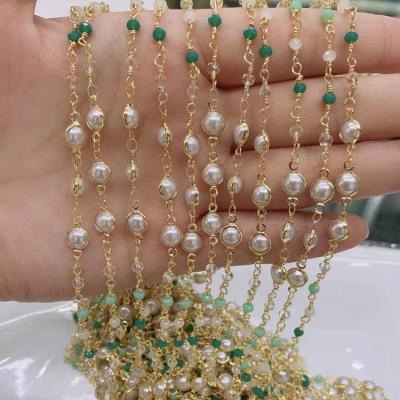 China FASHIONABLE Brass Crystal Pearl Beads Gold Plating Factory Price Glass Link Chain for sale