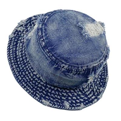 China New comfortable jeans distressed fashion Sun bucket hat in mainstream fashion wide brim worn out denim bucket hat for outdoors for sale