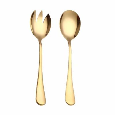 China 2PCS Viable Wholesales Gold Creative Unique Stainless Steel Spoon Fork Scoop Salad Serving Tableware Sets for sale