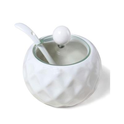 China Viable Wholesale White Rhombus Shape Ceramic Sugar Bowl Modern Porcelain Sugar Jars With Glass Clear Lid And Spoon for sale